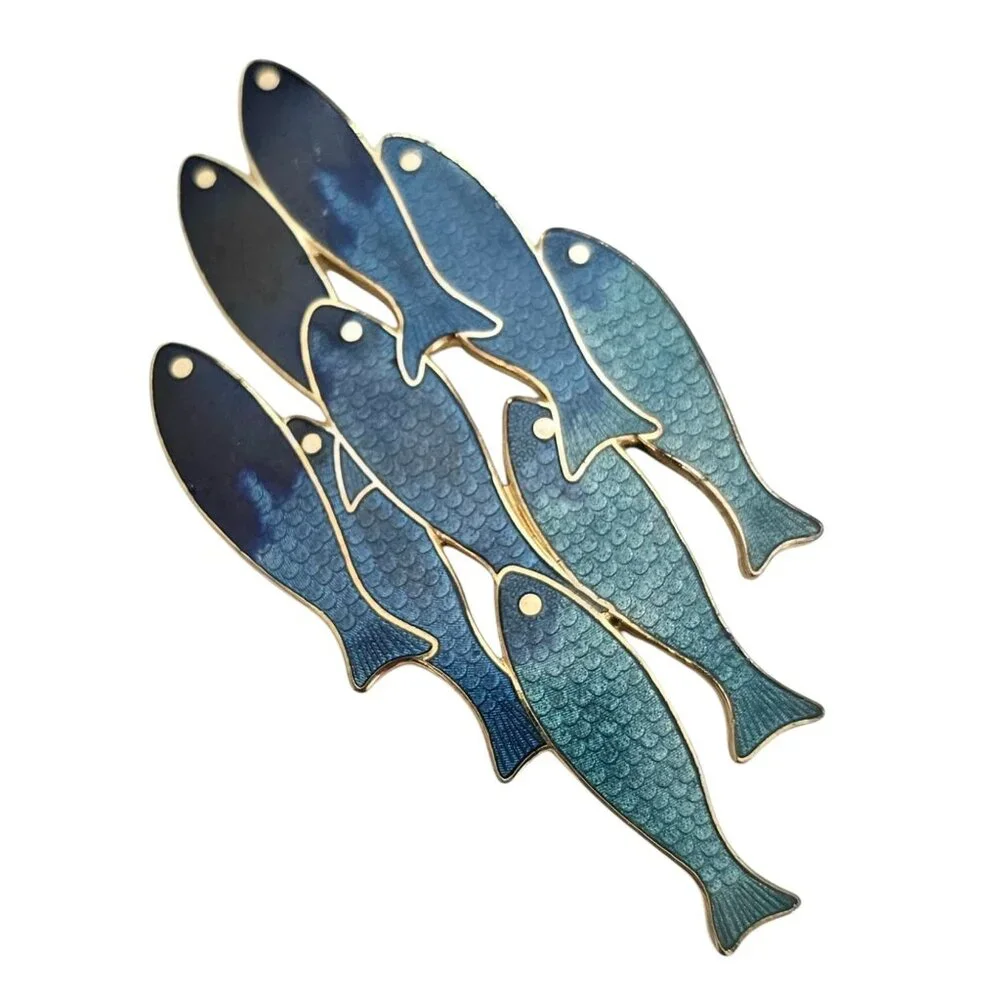 Fish Enterprise Blue Teal Champleve School Of Fish Brooch Pin Signed, J47 - Picture 3 of 6